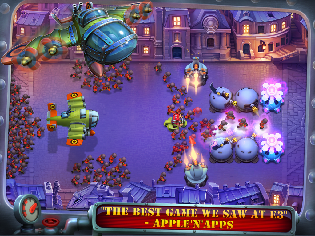 Fieldrunners 2 for iPad - Jugabilidad de Fieldrunners 2 en iPad que muestra defensa estratégica de torres en un entorno urbano.