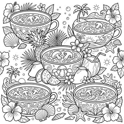 Experience a delightful fusion of flavors and sunshine with this unique mushroom soup summer coloring page. This intricate design blends earthy mushroom soups with vibrant tropical elements, perfect for a relaxing creative escape.