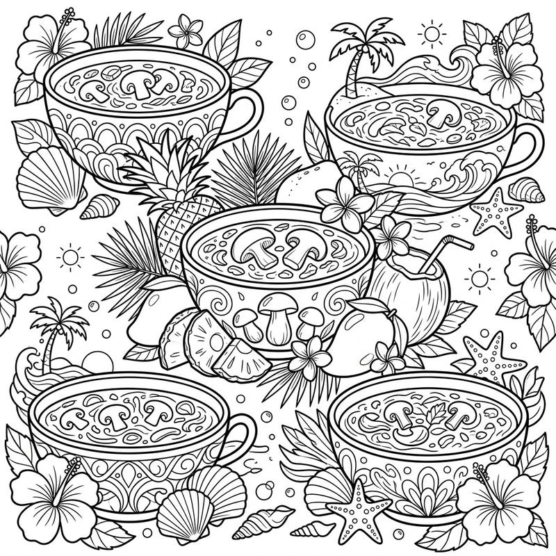 Experience a delightful fusion of flavors and sunshine with this unique mushroom soup summer coloring page. This intricate design blends earthy mushroom soups with vibrant tropical elements, perfect for a relaxing creative escape.