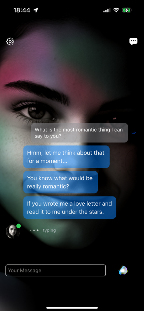 Her: The Virtual AI Girlfriend - A chat screen from the Her AI Girlfriend app showing a romantic conversation with a virtual partner
