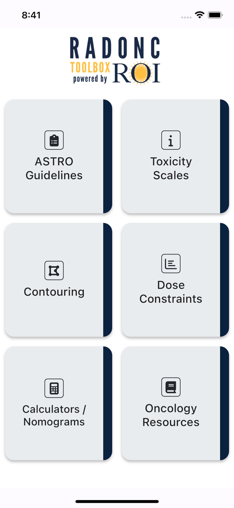 RO Toolbox - Main menu of the RadOnc Toolbox app with clinical resources for radiation oncology professionals.