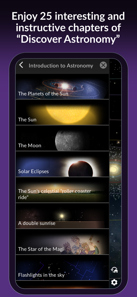 The Sky Pro by Redshift - A list of instructional chapters in the Discover Astronomy section of The Sky Pro app