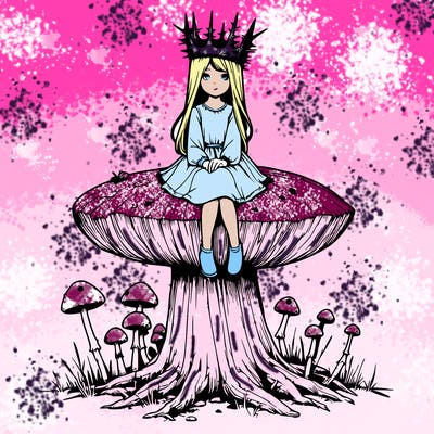 realistic girl sitting on a huge tree stump size toadstool with thorn crown