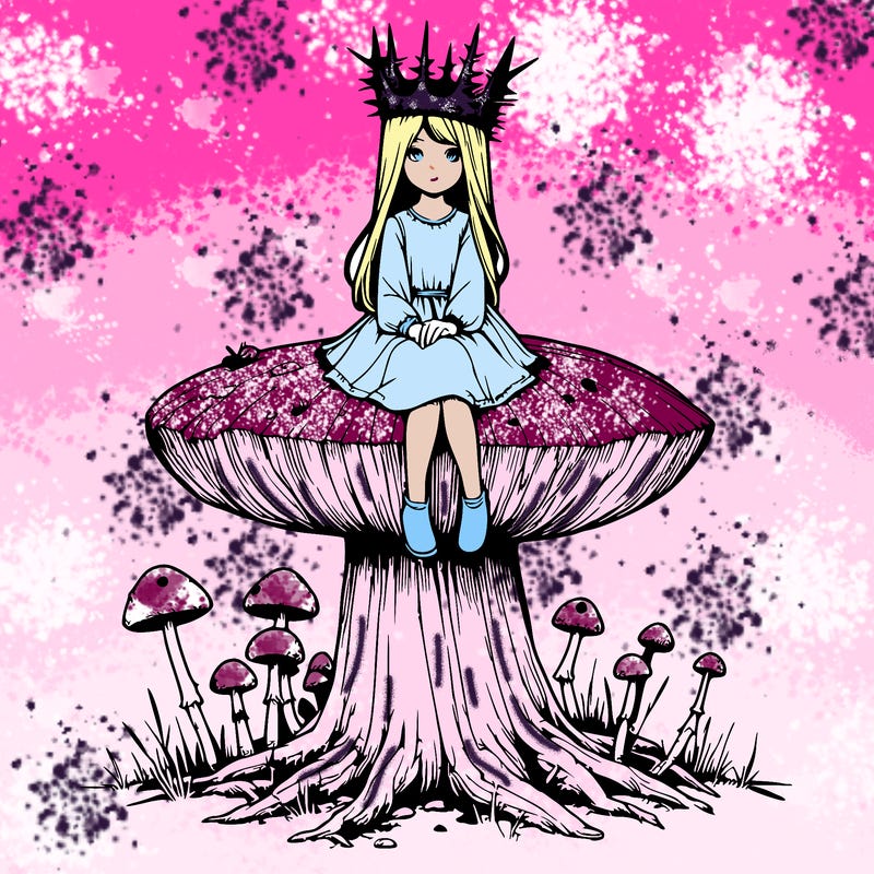 realistic girl sitting on a huge tree stump size toadstool with thorn crown