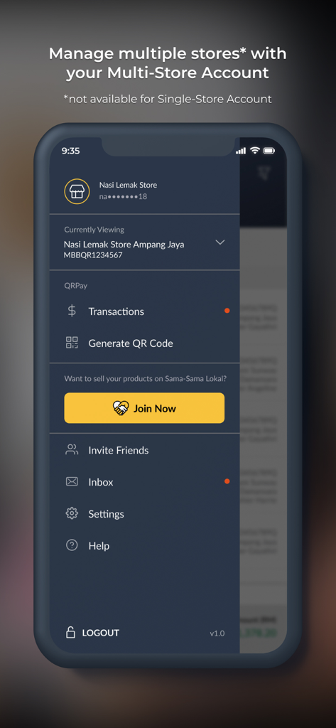 Interface of Maybank QRPayBiz app for managing multiple business stores