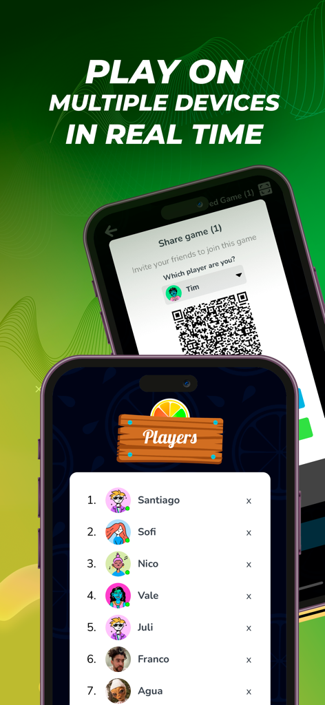 Tomanji · Party game - Tomanji mobile app screen showing QR code sharing and real-time player list.