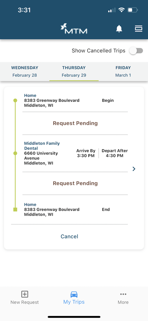 MTM Link Member - Mobile app screen displaying a scheduled medical transportation itinerary with trip status and destination details