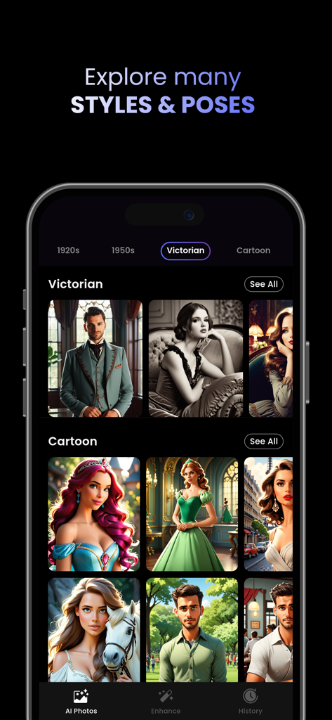 Headify: AI Headshot Generator - Headify mobile app interface displaying a variety of AI-generated styles and poses like Victorian and Cartoon.