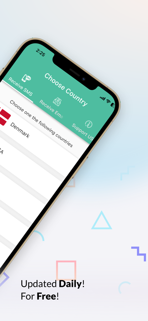 Receive SMS Online app interface showing country selection for temporary numbers