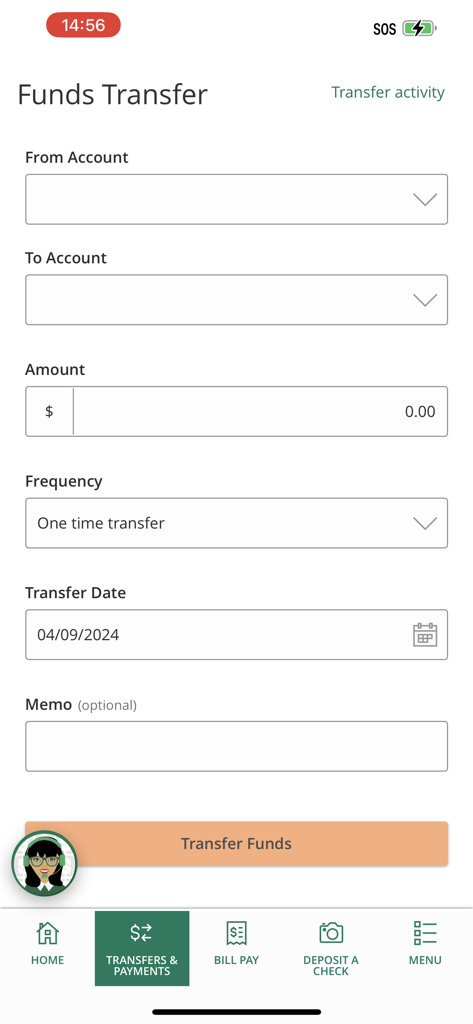 Bildschirm zum Überweisen von Geldern in der FMFCU Mobile App mit Feldern zur Auswahl des Kontos und des Betrags.