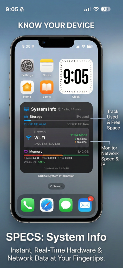 Specs: Device Info & Widget - System information widget on an iPhone home screen displaying storage, Wi-Fi speed, and memory usage.
