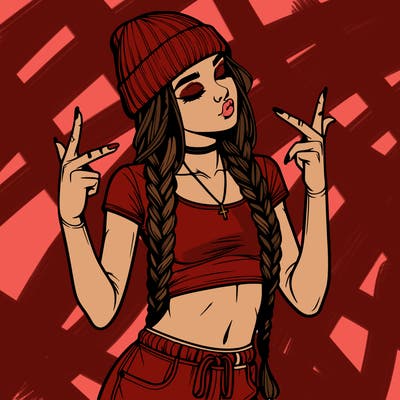 realistic teenage girl with braids and a beanie and crop top doing 🫶🏼