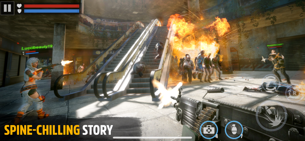 First person shooter gameplay of a zombie apocalypse battle in a mall