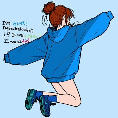 realistic girl jumping with a bun and oversized sweatshirt