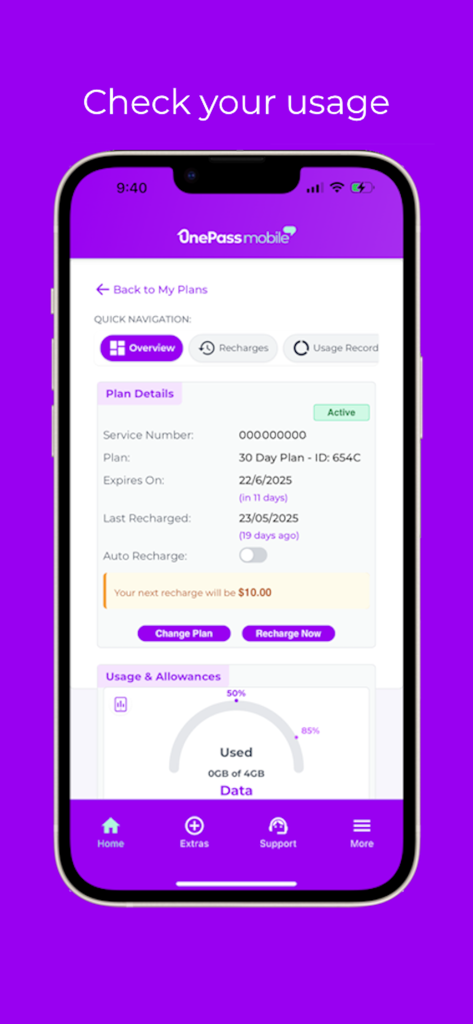 OnePass mobile - OnePass mobile app interface showing current plan details and data usage gauge