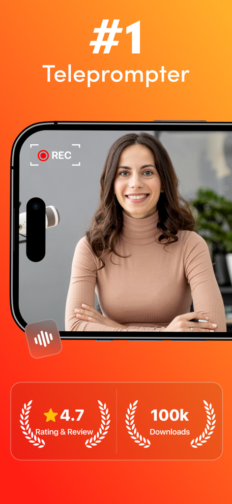 Teleprompter :Video Recording· - Smartphone screen showing a woman recording a professional video with the number one rated teleprompter app displaying high ratings and one hundred thousand downloads