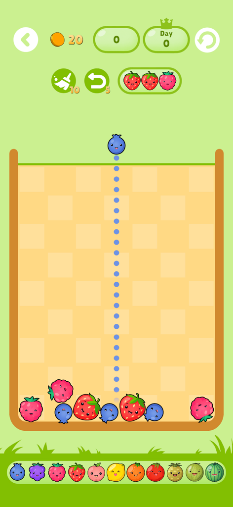 Tiny Fun: Play and Relax - Cute fruit merging puzzle game screen from the Tiny Fun app.
