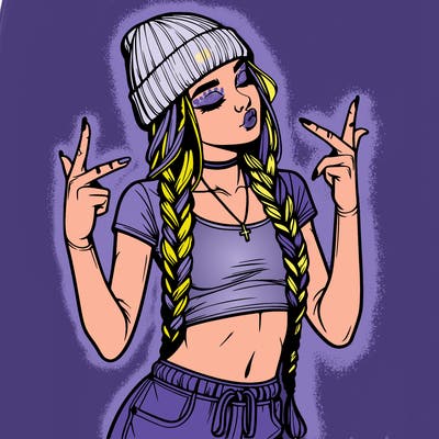 realistic teenage girl with braids and a beanie and crop top doing 🫶🏼