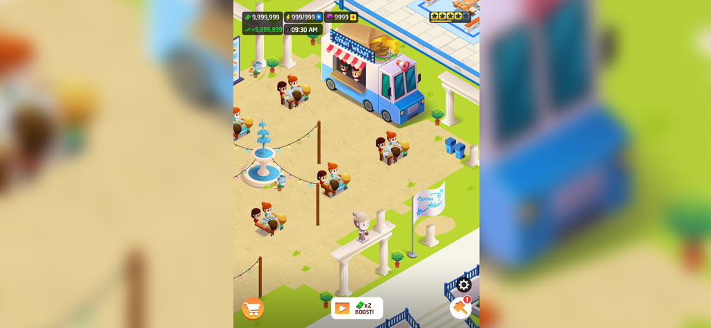 Idle Restaurant Tycoon: Empire - Capture d'écran du gameplay montrant un restaurant extérieur à thème grec et un food truck