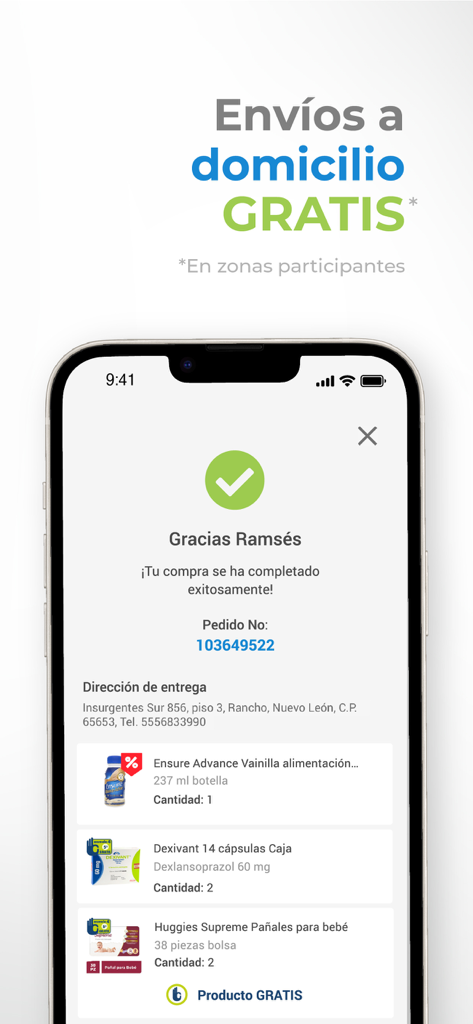 Pantalla de confirmación de pedido en la aplicación San Pablo Farmacia mostrando una compra exitosa e información de entrega a domicilio gratuita