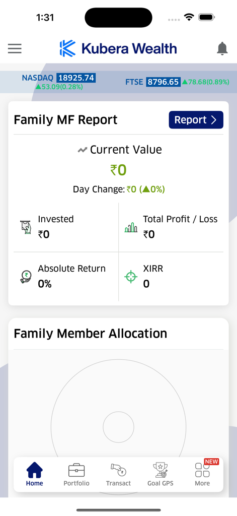 Kubera Wealth - Kubera Wealth mobile app home screen showing investment portfolio summary and mutual fund reports