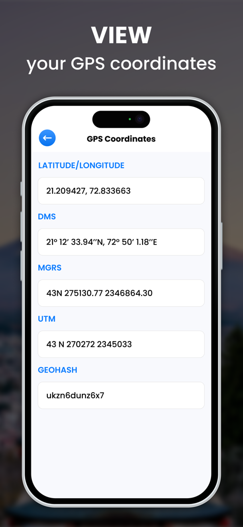 Uma tela de aplicativo móvel exibindo coordenadas GPS nos formatos Latitude Longitude DMS UTM e Geohash.