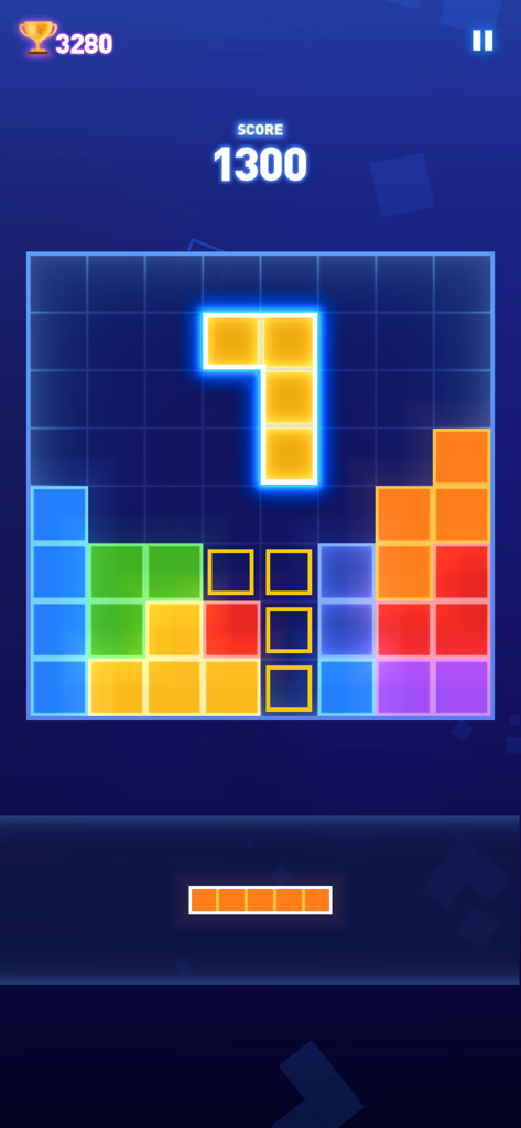 Block Puzzle - Brain Test Game - A colorful block puzzle game grid with glowing neon pieces on a blue background