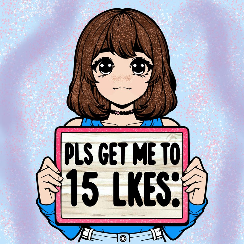 realistic girl holding up a sign that says “pls get me to 15 likes!”