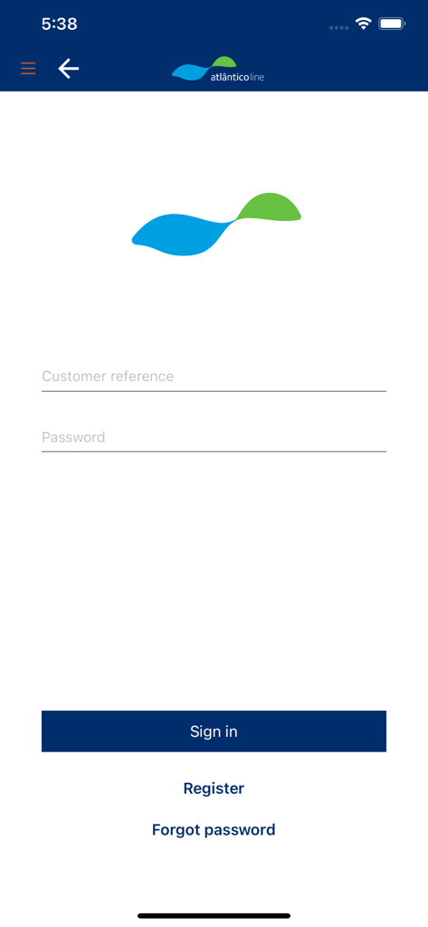 Atlanticoline - Tela de login do aplicativo móvel Atlanticoline para reservas de ferry nos Açores