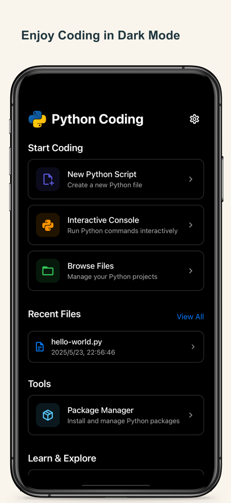 Python Coding app dashboard interface showing dark mode theme and main menu options on an iPhone.