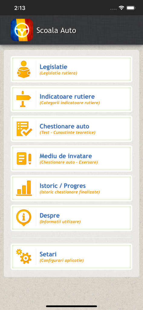 Scoala Auto, Chestionare auto - Main dashboard of the Romanian Scoala Auto app displaying driving test study categories like legislation road signs and practice exams