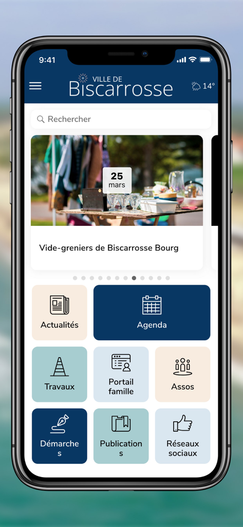 Ville de Biscarrosse - Dashboard dell'app mobile Ville de Biscarrosse che mostra notizie locali, agenda e icone dei servizi cittadini