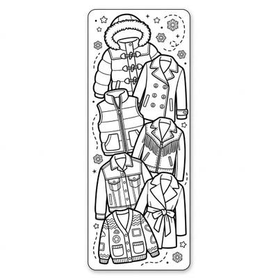 Get ready to bundle up with this fantastic outerwear coloring bookmark, designed specifically for kids! Featuring a variety of stylish coats, jackets, and vests, it's perfect for young artists to personalize their favorite books.