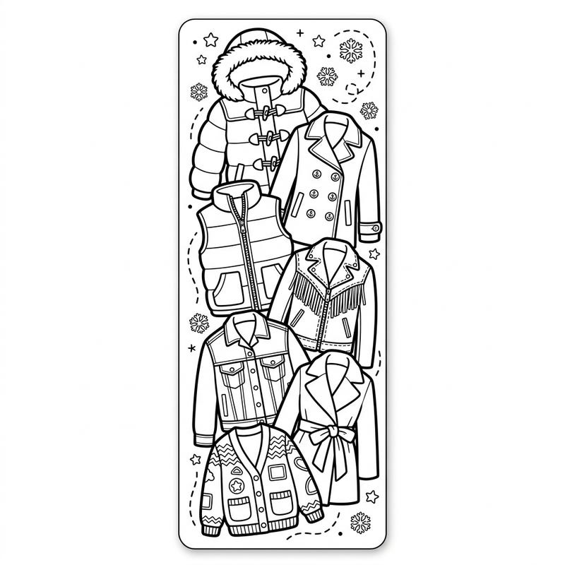 Get ready to bundle up with this fantastic outerwear coloring bookmark, designed specifically for kids! Featuring a variety of stylish coats, jackets, and vests, it's perfect for young artists to personalize their favorite books.