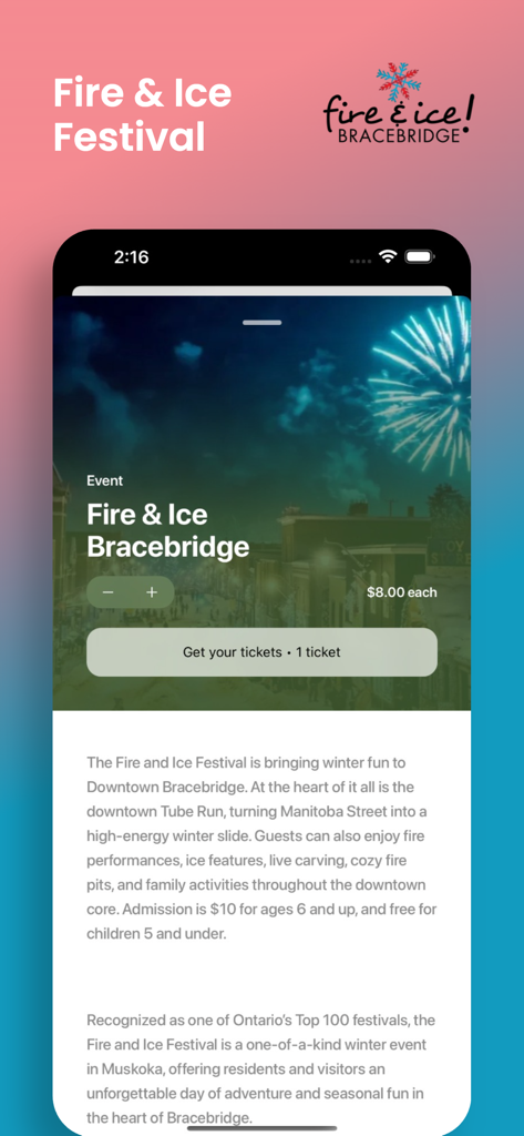 App screen for purchasing Fire and Ice Festival tickets in Downtown Bracebridge