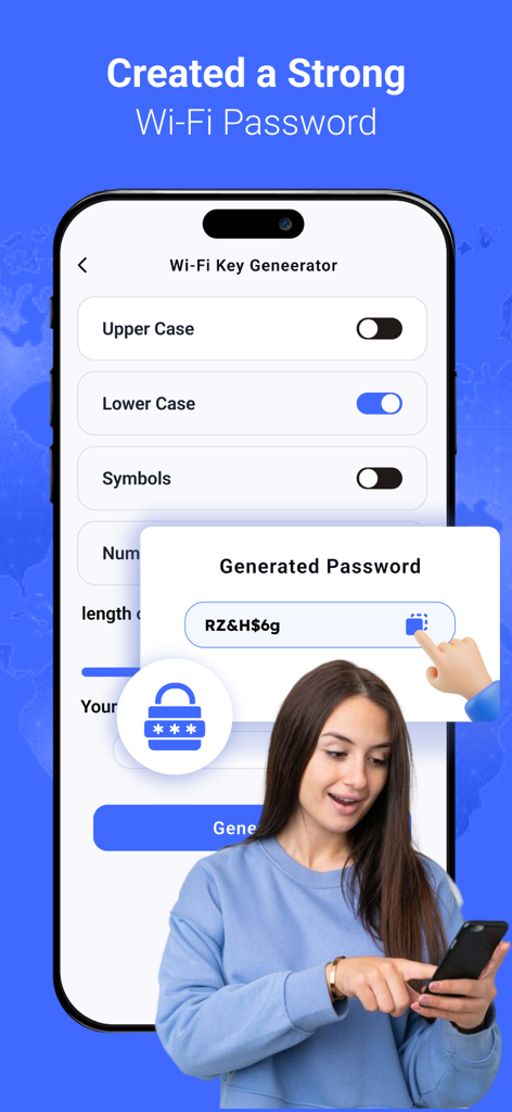 Interface do aplicativo móvel mostrando a ferramenta geradora de chaves Wi-Fi para criar senhas fortes e seguras com opções de caracteres personalizáveis.