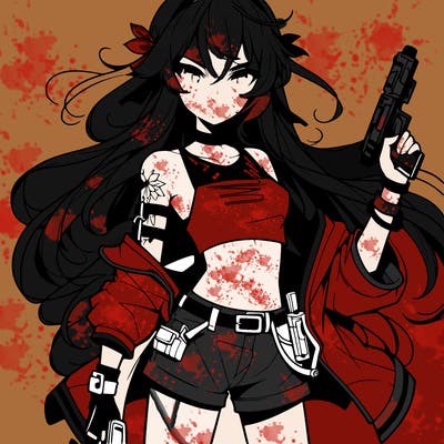 bad girl wearing crop top holding a gun long hair anime
