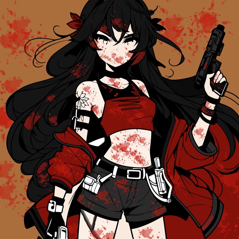 bad girl wearing crop top holding a gun long hair anime