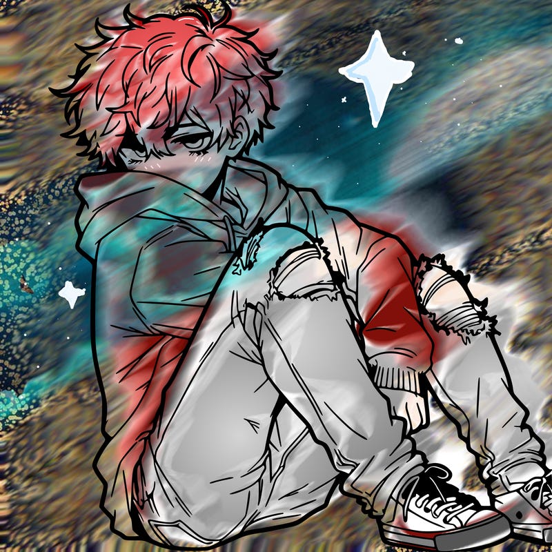 a male hoddie ripped jeans messy hair anime