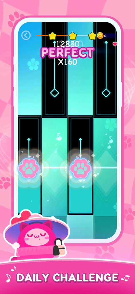 Cat Cute Tiles: Rhythm Games - Cat Cute Tilesのリズムゲームプレイ。猫の足跡がついた音楽タイルが表示されている。