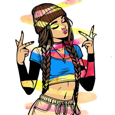 realistic teenage girl with braids and a beanie and crop top doing 🫶🏼