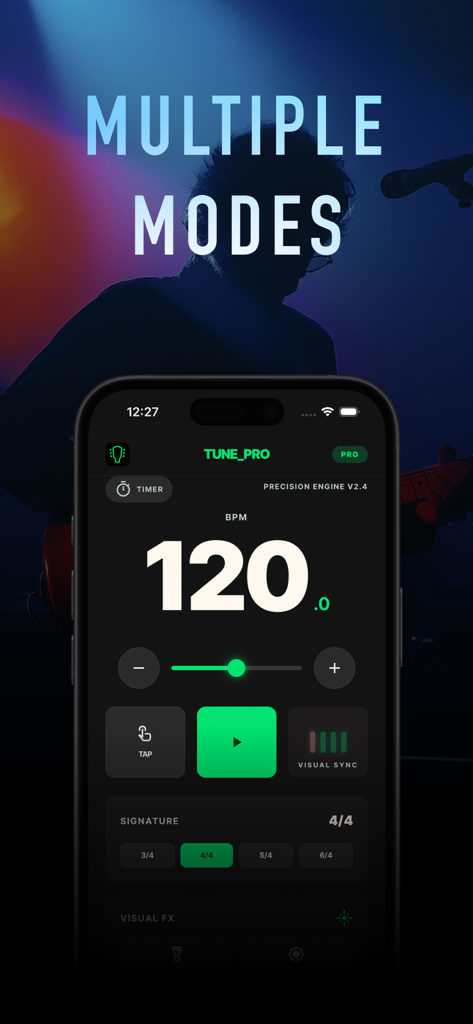 Guitar Tuner – Precision - Interfaz del metrónomo en la aplicación Afinador de Guitarra Precisión mostrando 120 BPM y compás de 4/4.