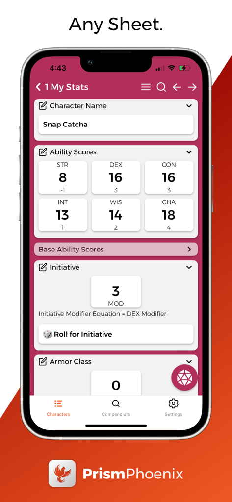 PrismScroll Phoenix - Hoja de personaje digital que muestra estadísticas y puntuaciones de habilidad en el móvil