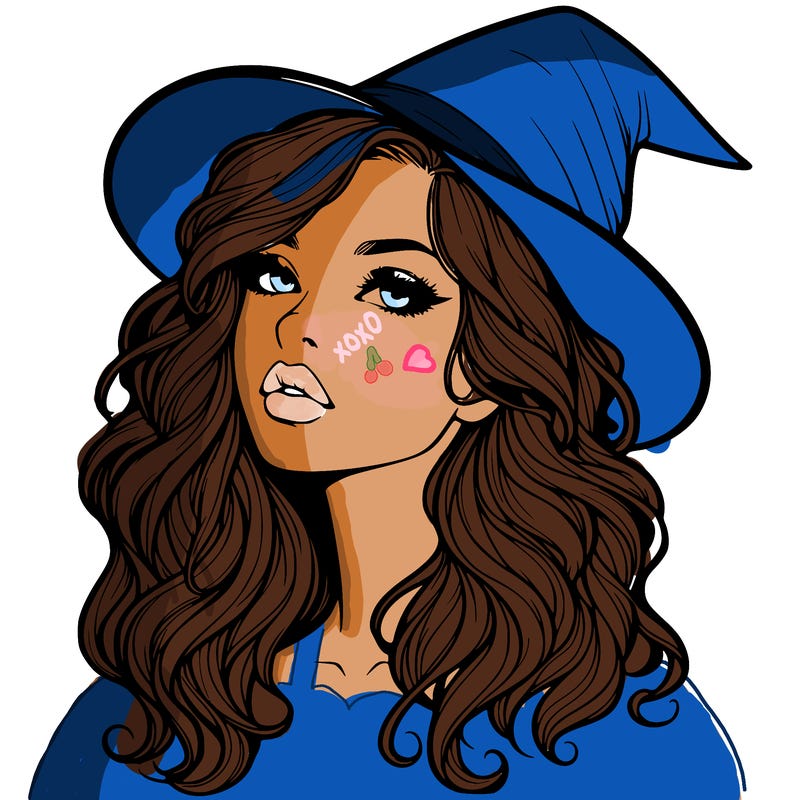 realistic witch girl with wavy hair and lips