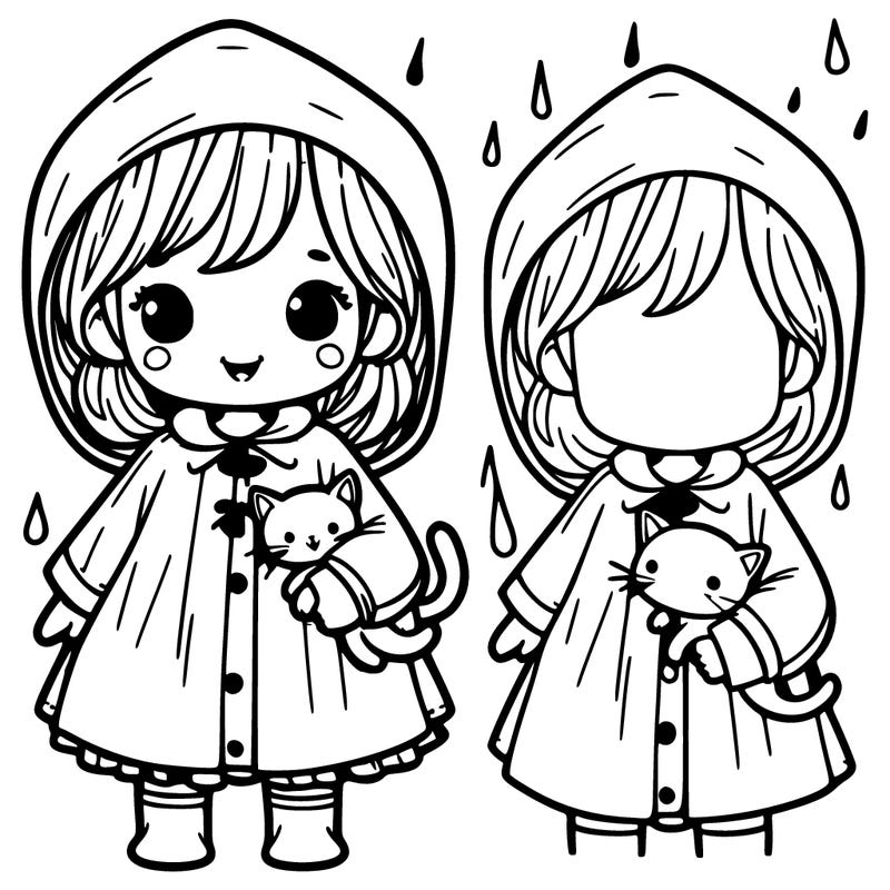 little girl in raincoat holding a kitten
