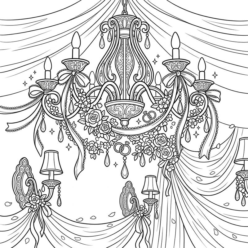 Step into a world of romantic elegance with this intricate coloring page featuring beautiful wedding lighting. Adorn a grand chandelier and delicate wall sconces, bedecked with flowers, ribbons, and wedding rings, to create your perfect celebratory masterpiece.