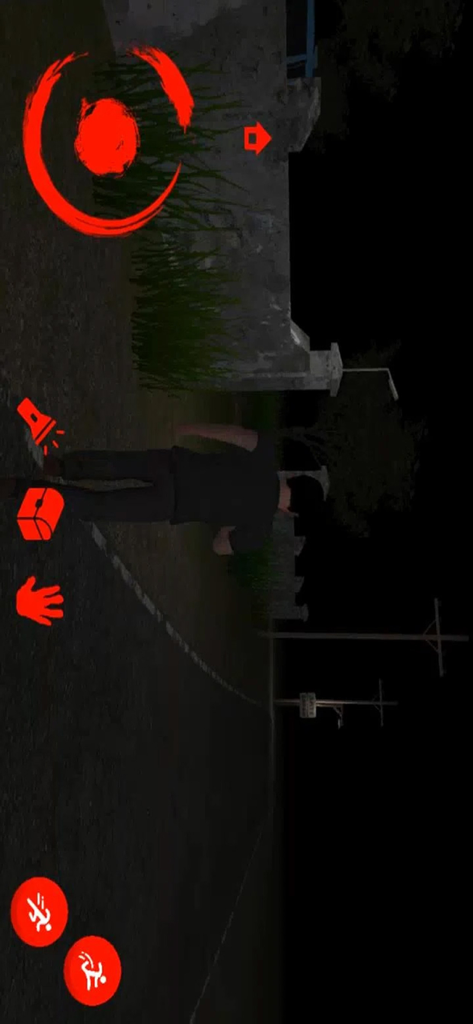 Sate Gagak Rituals - A character walks down a dark road at night in the survival horror game Sate Gagak Rituals with red on screen controls