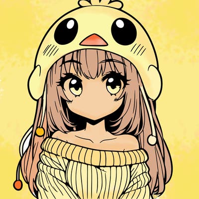 anime girl with chick shaped hat with sweater with bare shoulders with bangs covering them one eye with low tail