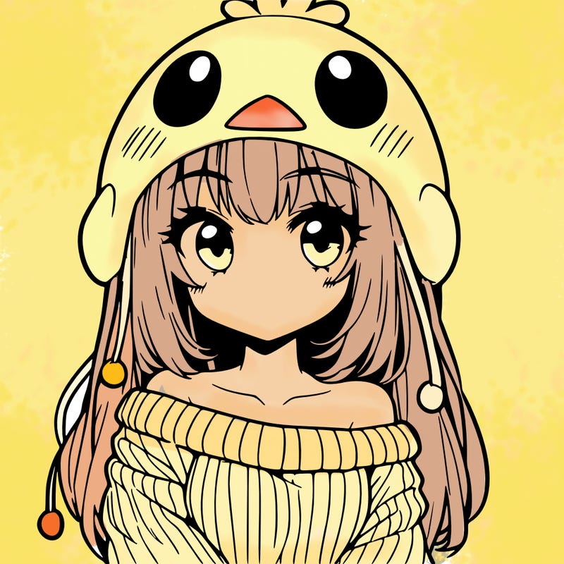 anime girl with chick shaped hat with sweater with bare shoulders with bangs covering them one eye with low tail