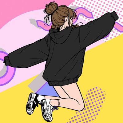 realistic girl jumping with a bun and oversized sweatshirt